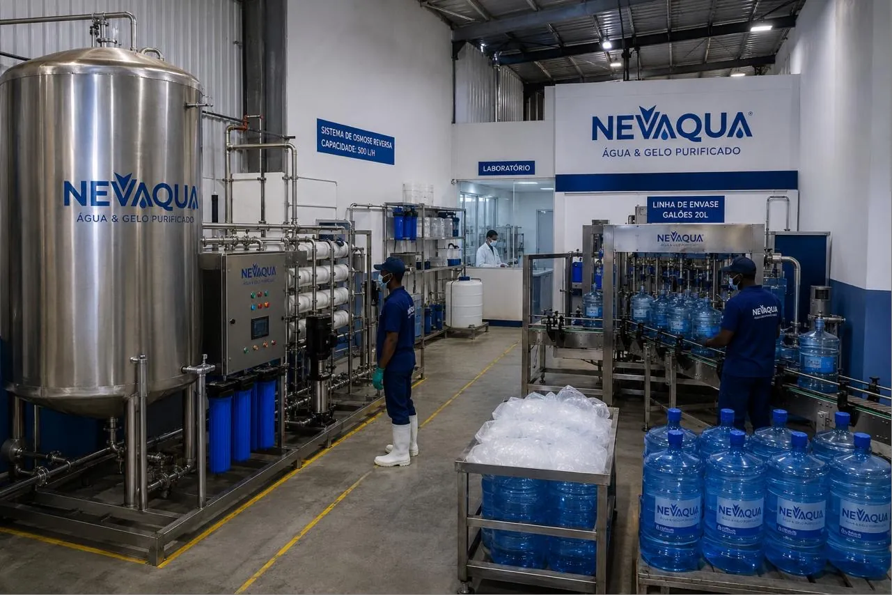 Fábrica NEVAQUA com sistema de osmose reversa e linha de envase